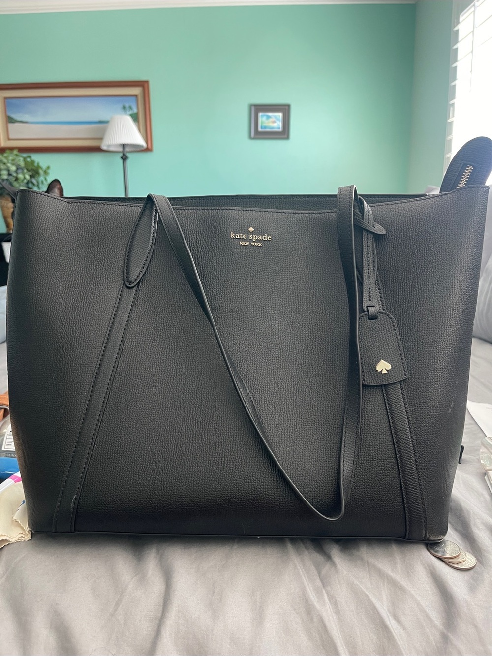 kate spade Black Pebbled Leather Tote with Gold Logo